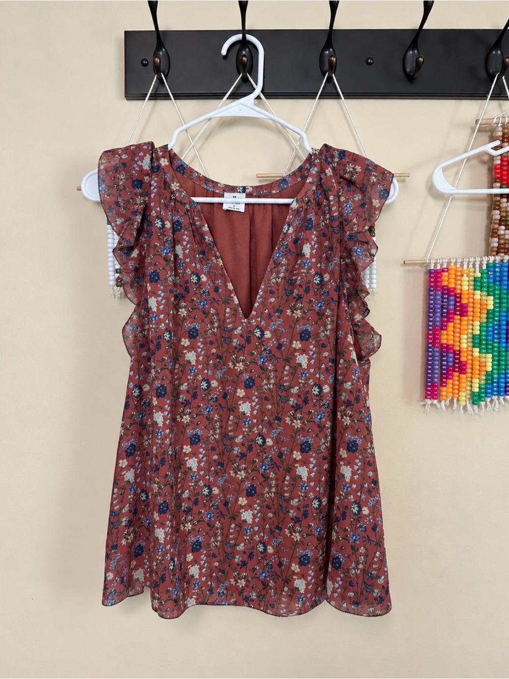 Aritzia Rust Floral Ruffle V-Neck Camisole